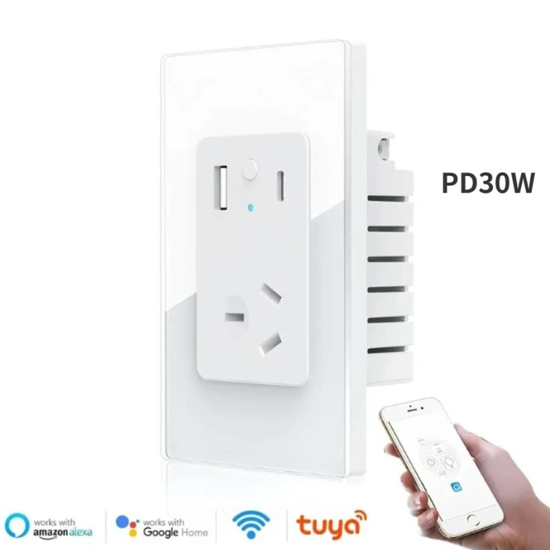 Chargez l&#39;image dans la visionneuse de la galerie, [TUYA Smart Home] TUYA WiFi Smart 10A Wall Power Socket Outlet Glass Panel 1 Plug With 1 x USB &amp; 1 x PD 30W Port - Polar Tech Australia
