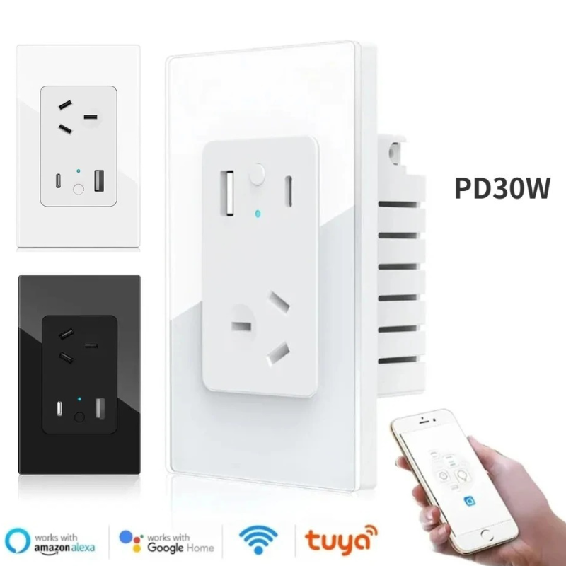 Chargez l&#39;image dans la visionneuse de la galerie, [TUYA Smart Home] TUYA WiFi Smart 10A Wall Power Socket Outlet Glass Panel 1 Plug With 1 x USB &amp; 1 x PD 30W Port - Polar Tech Australia
