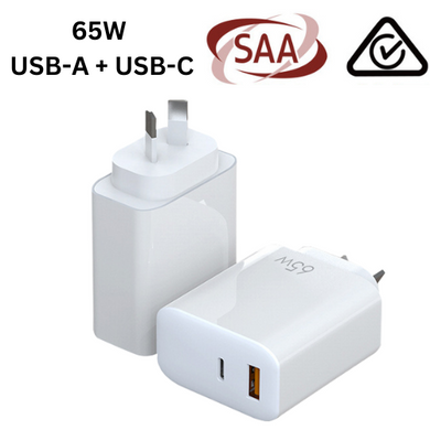 65W Max PD Type-C +QC 3.0 USB Dual Port iPhone 16 Wall Travelling Charger Adapter - (SAA Approved/AU Plug)