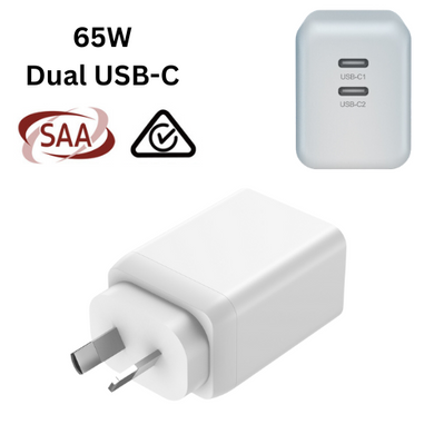 65W Max PD Dual USB-C Port iPhone 16 Wall Travelling Charger Adapter - (SAA Approved/AU Plug)