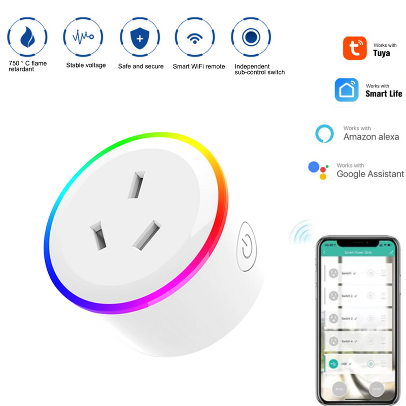 Cargue la imagen en el visor de la galería, [TUYA Smart Home][AU Plug] Universal Wireless Smart WIFI Plug With RGB LED Light overload protection 2200w - Polar Tech Australia
